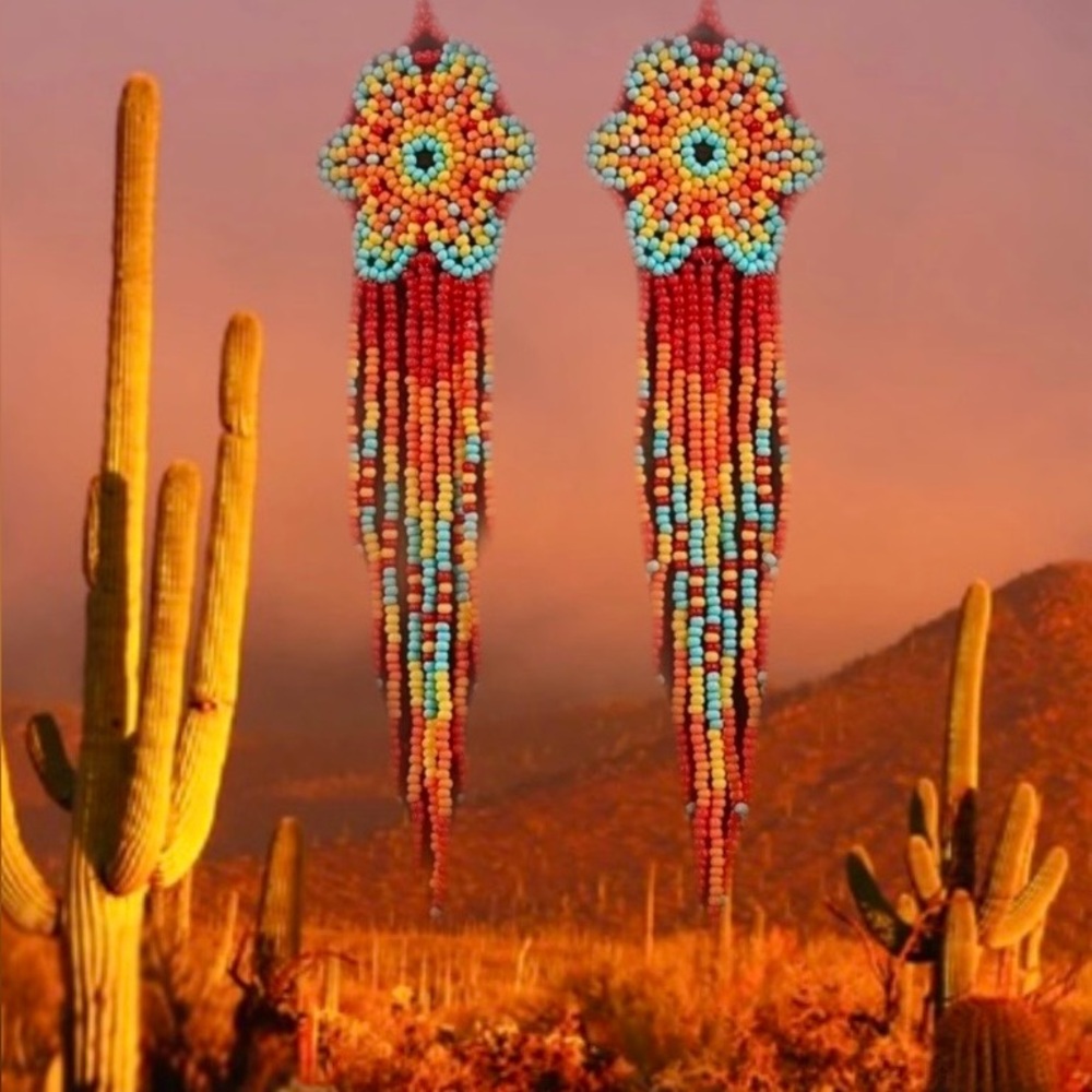 Handmade Red & Turquoise Beaded Fringe Earrings - Picture 2 of 3